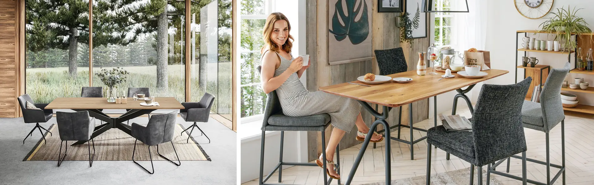 Tischplatten aus Massivholz in Kombination mit einem coolen Metallgestell liegen im Trend.